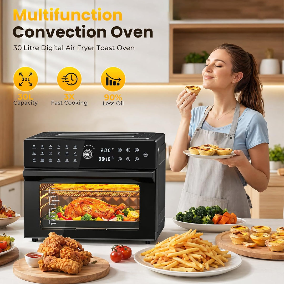 Heissluftfritteuse XXL 30L – Heissluftofen mit Umluft, 18 Programme, 9 Zubehörteile, LED-Touchscreen