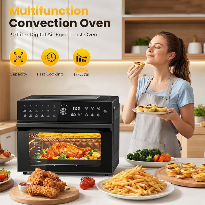 Heissluftfritteuse XXL 30L – Heissluftofen mit Umluft, 18 Programme, 9 Zubehörteile, LED-Touchscreen