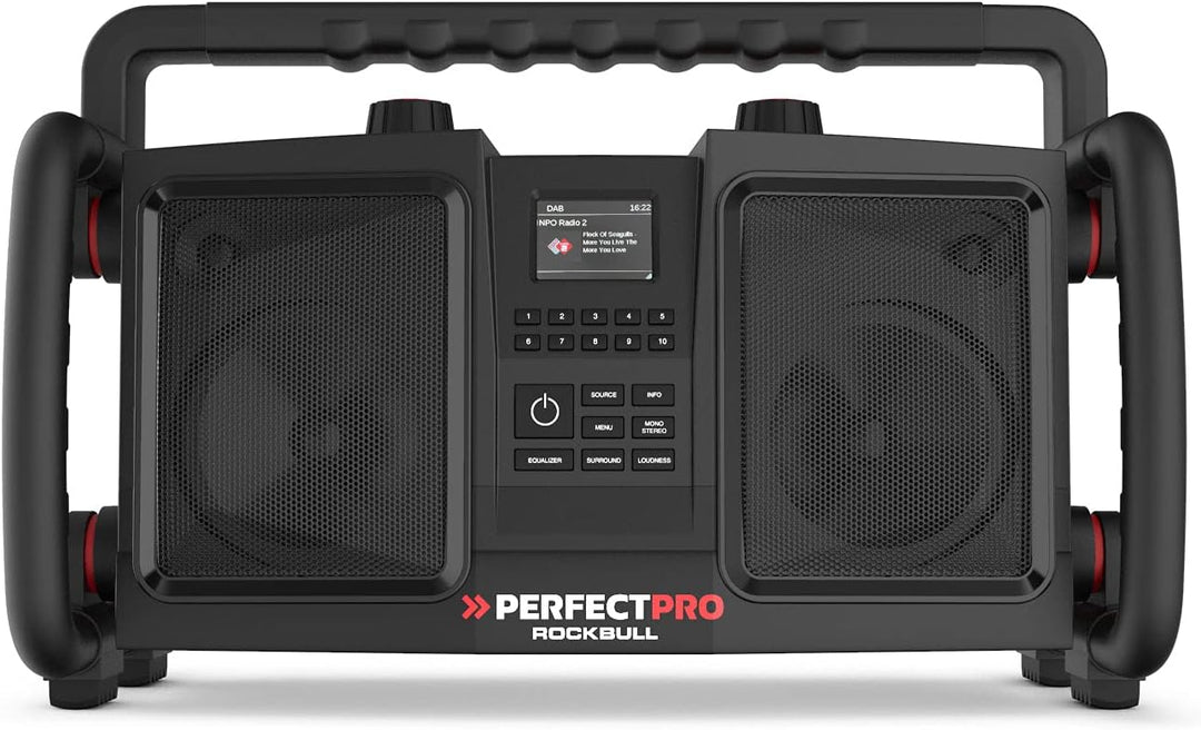 PerfectPro Baustellenradio ROCKBULL, DAB+ und UKW-Empfang, Bluetooth, AUX-Eingang, Akku integriert,