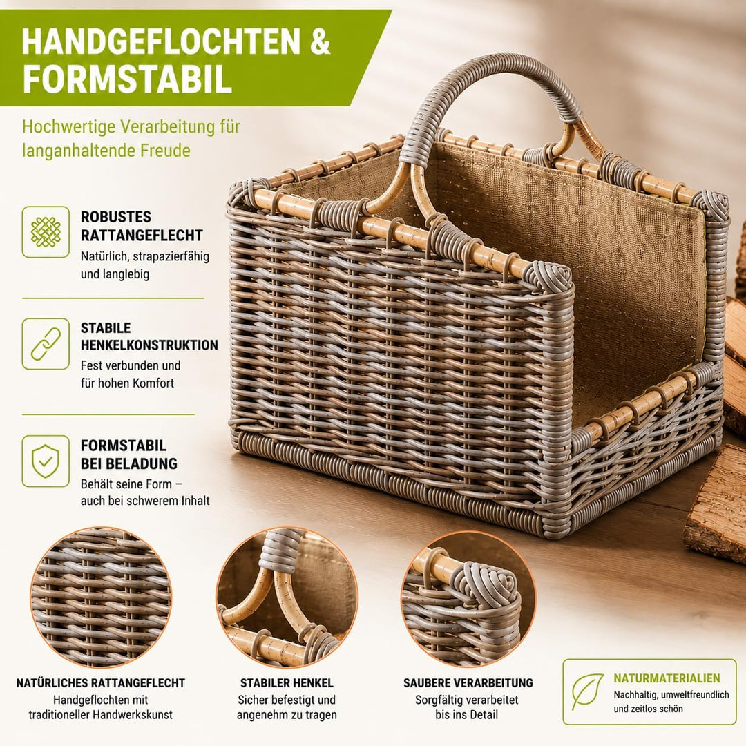 Kobolo Kaminholzkorb Holztrage Rattan grau mit abnehmbarem