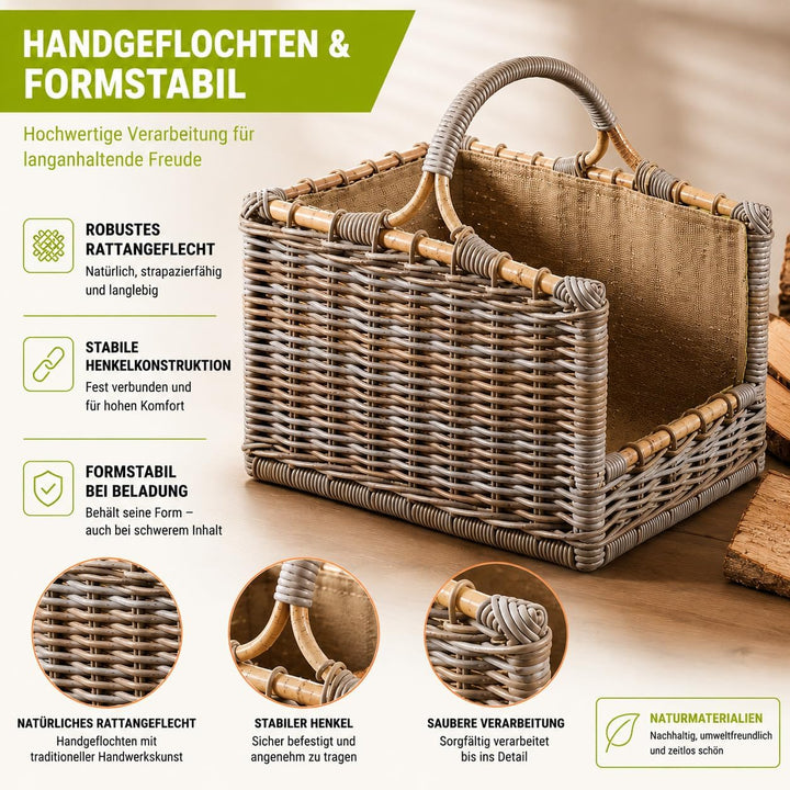 Kobolo Kaminholzkorb Holztrage Rattan grau mit abnehmbarem