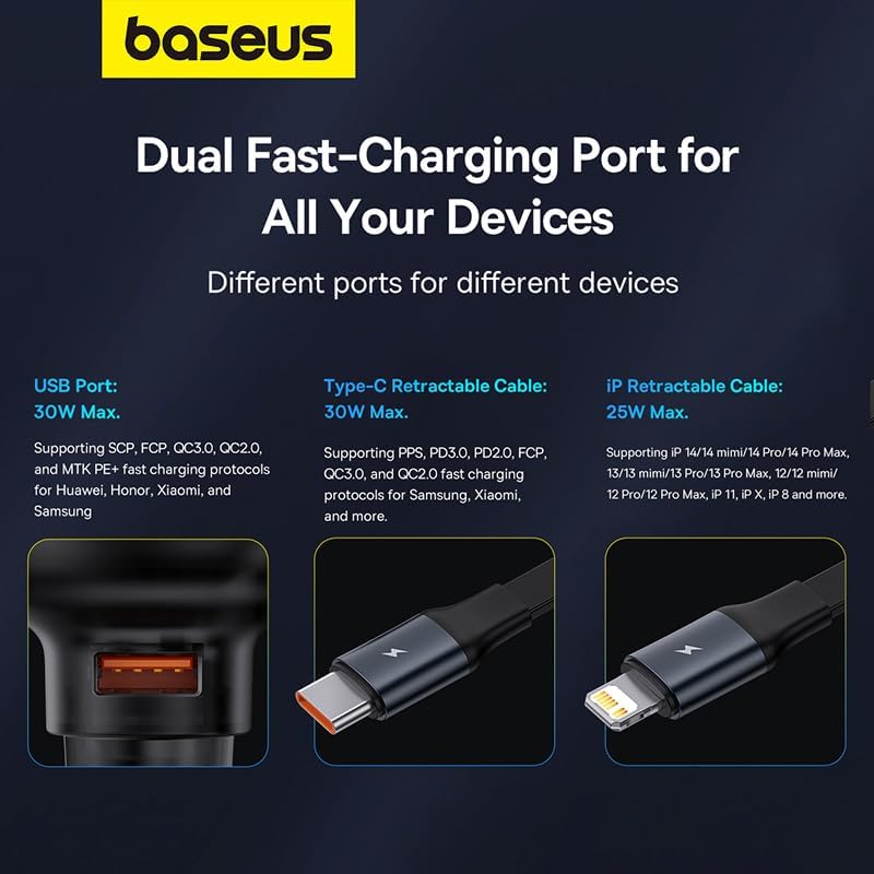 Car Charger Baseus Enjoyment USB with USB-C Cable and Lightning 60W (Black), C00057802111-02