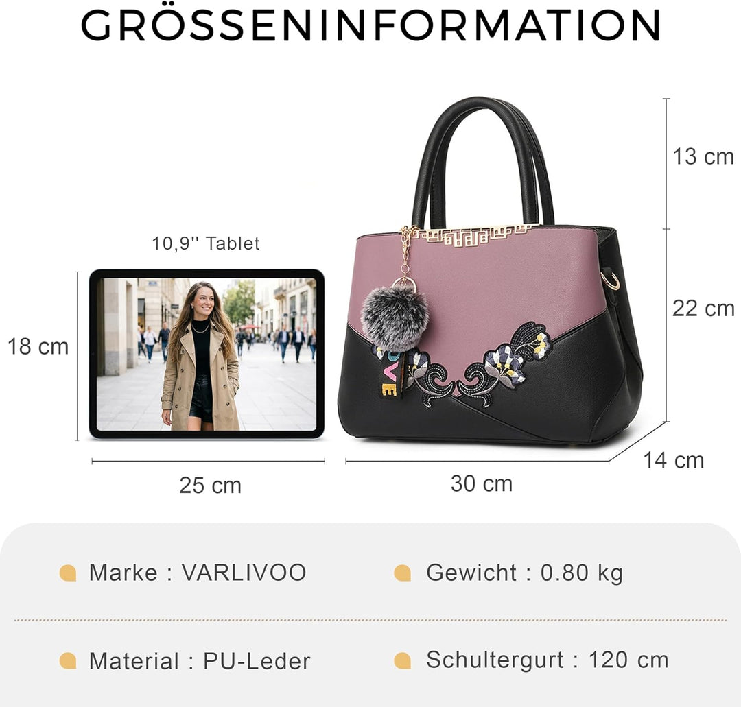 VARLIVOO Damen Handtasche Schultertasche Blumenmuster Frauen Umhängetasche Pom Pom Dekoration Shoppe