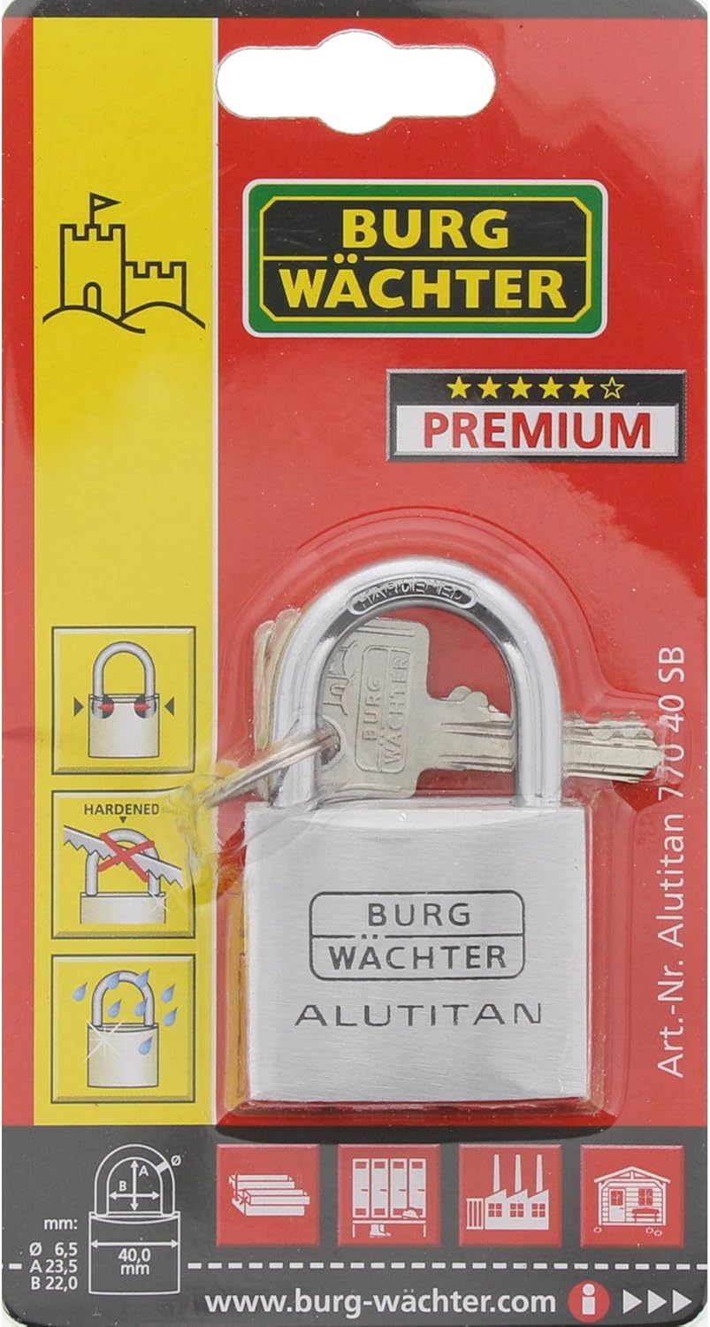 BURG-WÄCHTER Vorhangschloss Alutitan, Aluminium, 6, 5 mm Bügelstärke, Innenwerk rostfrei, 770 40 SB,