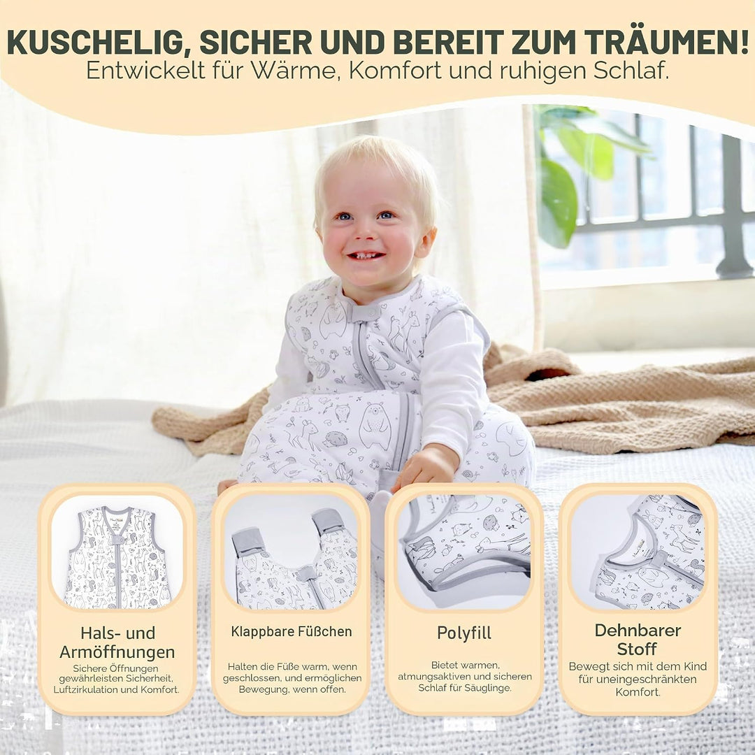 Baby Schlafsack mit Füsse 1.0 TOG, Ganzjahres Schlafsack, Bio-Baumwolle Baby Schlafsäcke ohne Ärmeln