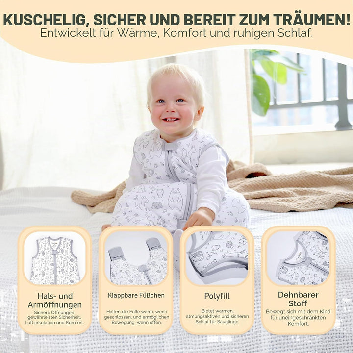Baby Schlafsack mit Füsse 1.0 TOG, Ganzjahres Schlafsack, Bio-Baumwolle Baby Schlafsäcke ohne Ärmeln