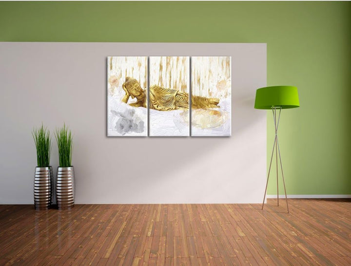 Pixxprint Goldener Buddha auf Handtuch Kunst als Leinwandbild | Grösse: 3 Teilig (120x80) | Wandbild