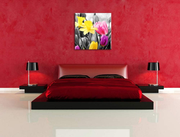 Pixxprint schöne Narzissen mit Tulpen schwarz/weiss, Format: 70x70 auf Leinwand, 70x70