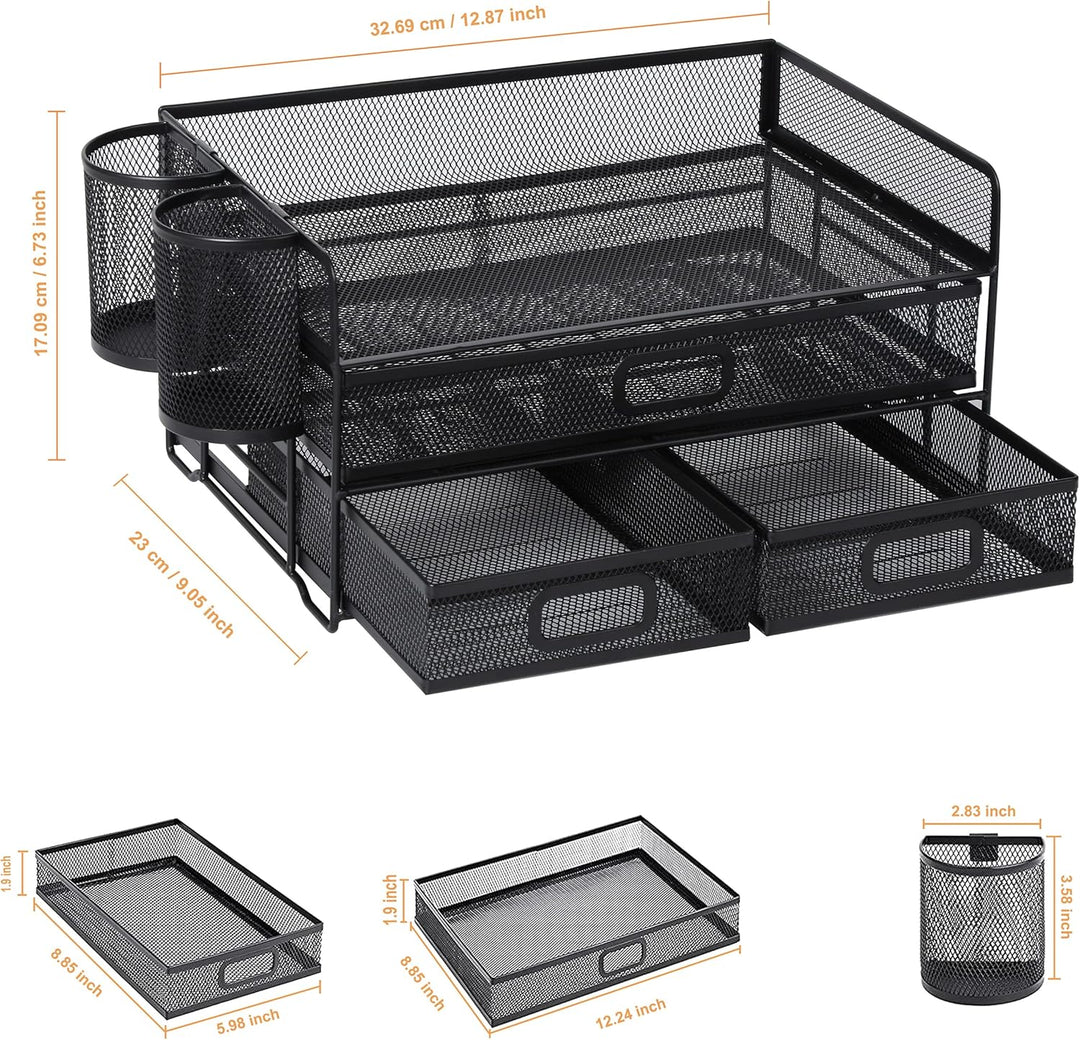 Vikmyer 3-Trays Desktop Organizer mit Schublade, Mesh Büro Schreibtisch liefert Organizer Dokumenten