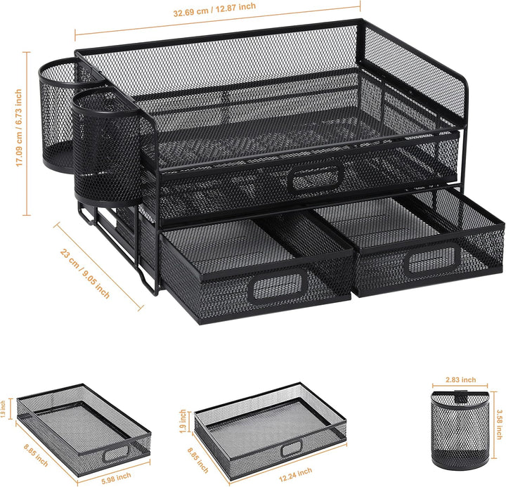 Vikmyer 3-Trays Desktop Organizer mit Schublade, Mesh Büro Schreibtisch liefert Organizer Dokumenten