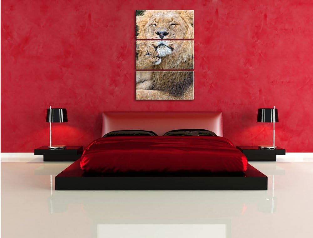 Pixxprint Löwe kuschelt mit Jungtier als Leinwandbild/Grösse: 3 Teilig (120x80) cm/Wandbild/Kunstdru