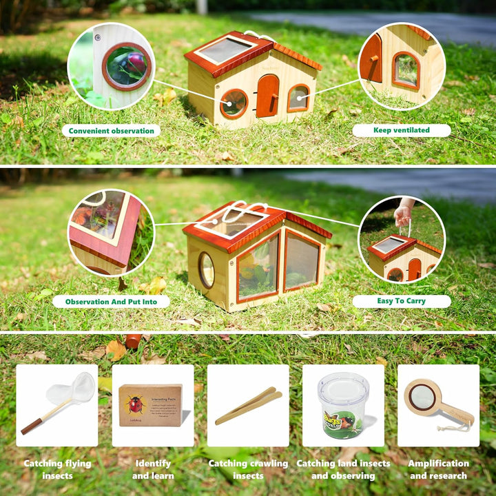Kinder Forscherset & Bug Catcher für Kinder, Outdoor-Spielzeug mit tragbaren hölzernen Bug Habitat,