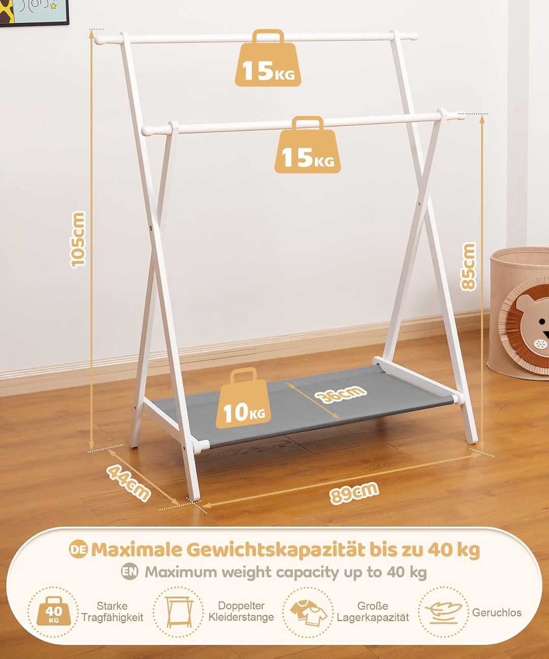 Yorbay Kinder Kleiderständer Bambus Garderobenstände Verstellbarer Doppelstange Kindergarderobe mit