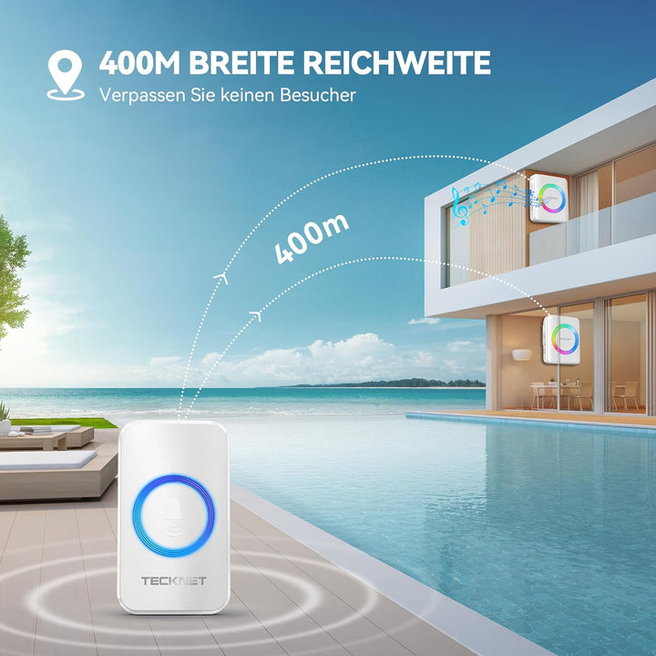 TECKNET Funkklingel, Kabellose Türklingel Funk Set 400m Reichweite, IP65 Aussen Wasserdicht Haustür