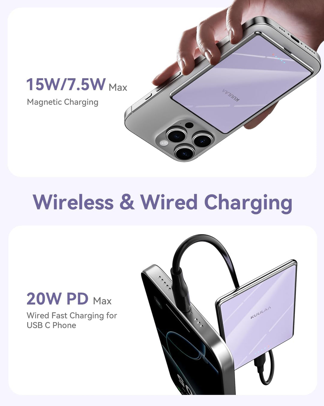 Kuulaa Ultra Slim PowerBank, 5000 mAh, MagSafe Externe Batterie mit Type C 20W Ausgangsleistung, Sch