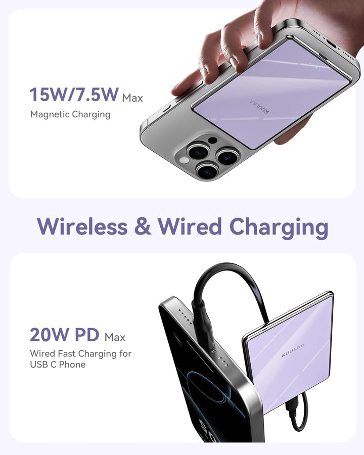 Kuulaa Ultra Slim PowerBank, 5000 mAh, MagSafe Externe Batterie mit Type C 20W Ausgangsleistung, Sch