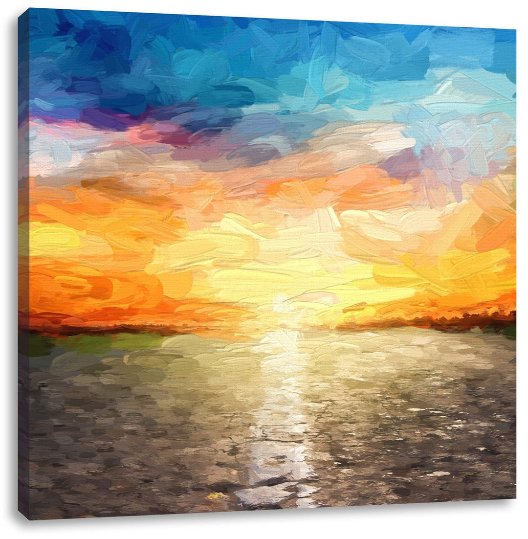 Pixxprint Endlose Strasse im Sonnenuntergang als Leinwandbild Quadratisch| Grösse: 70x70 | Wandbild|