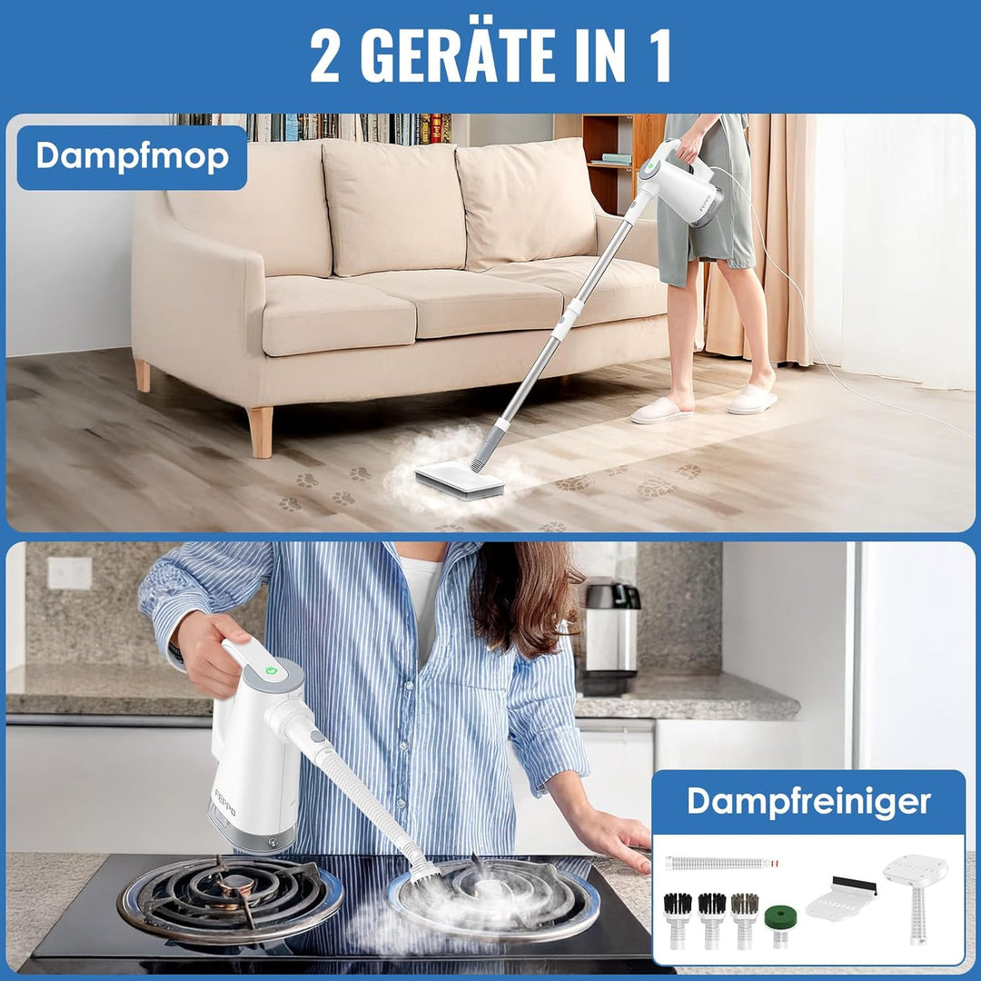 FEPPO Dampfreiniger 2-in-1 mit abnehmbarem Handdampfreiniger, 15 s Aufheizzeit, 230°F Heissdampf, al