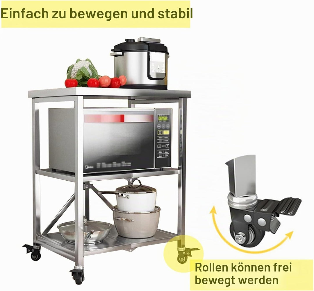 HIYOUGO Servierwagen Arbeitstisch Edelstahl, 3 Böden Faltbar Edelstahl Rollwagen Küchentisch mit 4 R