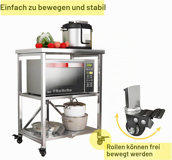 HIYOUGO Servierwagen Arbeitstisch Edelstahl, 3 Böden Faltbar Edelstahl Rollwagen Küchentisch mit 4 R