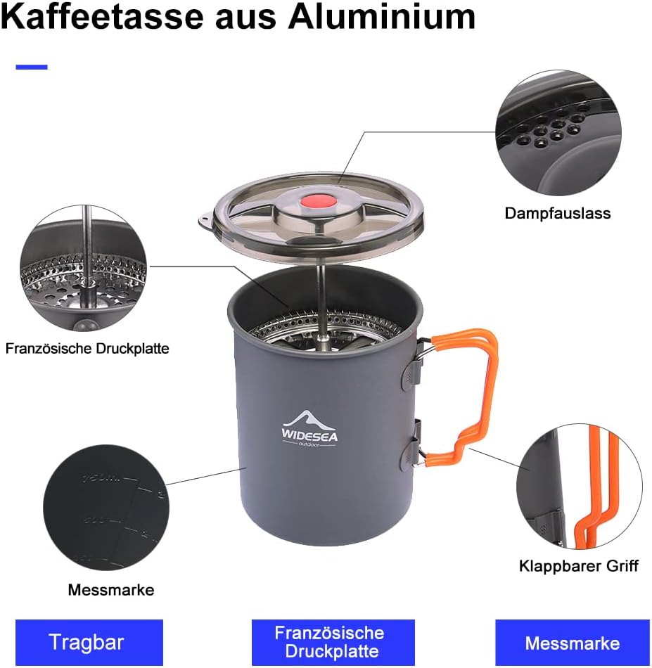 widesea Camping Kaffeebereiter mit French Press Kaffeekanne 750