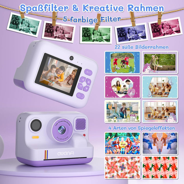 Kinderkamera Sofortbildkamera, 1080P Sofortbildkamera Kinder mit 32GB Karte & 3 Rollen Druckpapier,