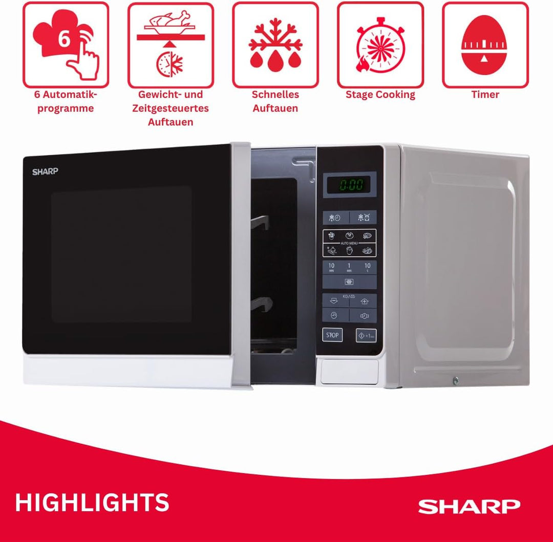 Sharp R242INW Solo-Mikrowelle / 20 L / 800 W / 5 Leistungsstufen / 8 Automatikprogramme / Gewicht- u