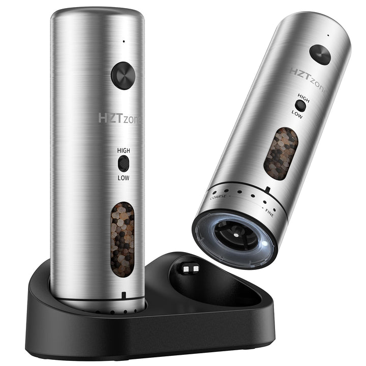 Salz und Pfeffermühle Elektrisch Set, HZTzone USB-C Wiederaufladbar Gewürzmühle mit Ladestation, Ker