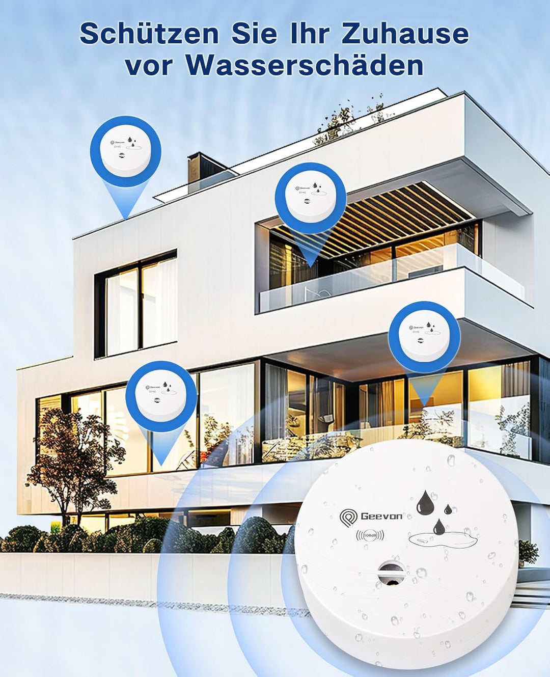 Geevon 6 Pack Wassermelder, 100dB Wassersensor Alarm Flut-Detektor für Keller, Badezimmer, Waschküch