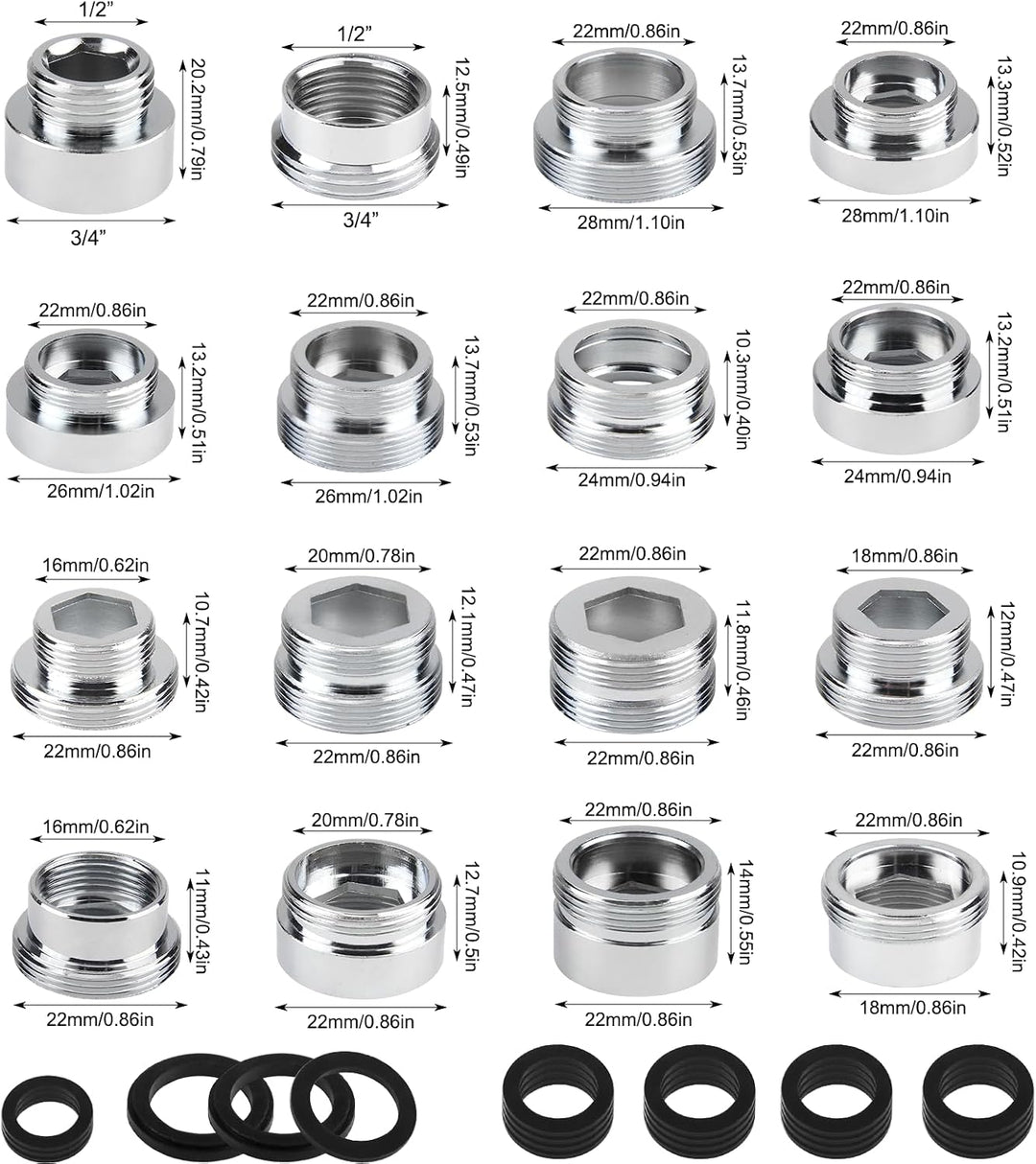 16 Stück Wasserhahn Adapter Set 1/2 Bis 28mm Innengewinde und Aussengewinde Wasserhahn Adapter mit D
