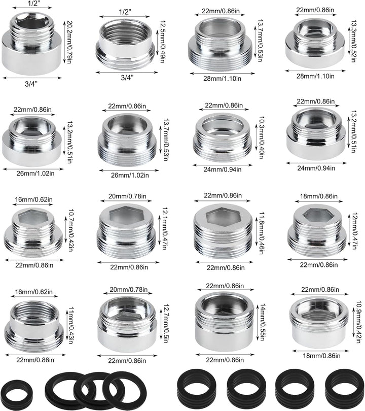 16 Stück Wasserhahn Adapter Set 1/2 Bis 28mm Innengewinde und Aussengewinde Wasserhahn Adapter mit D