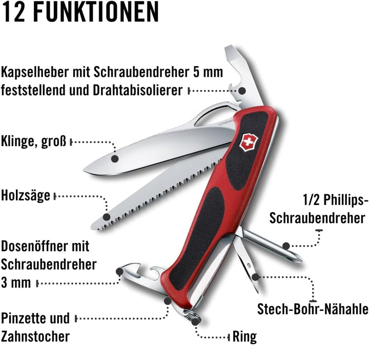 Victorinox Taschenmesser Ranger Grip 78 (12 Funktionen, Einhand-Feststellklinge) rot/schwarz Single,