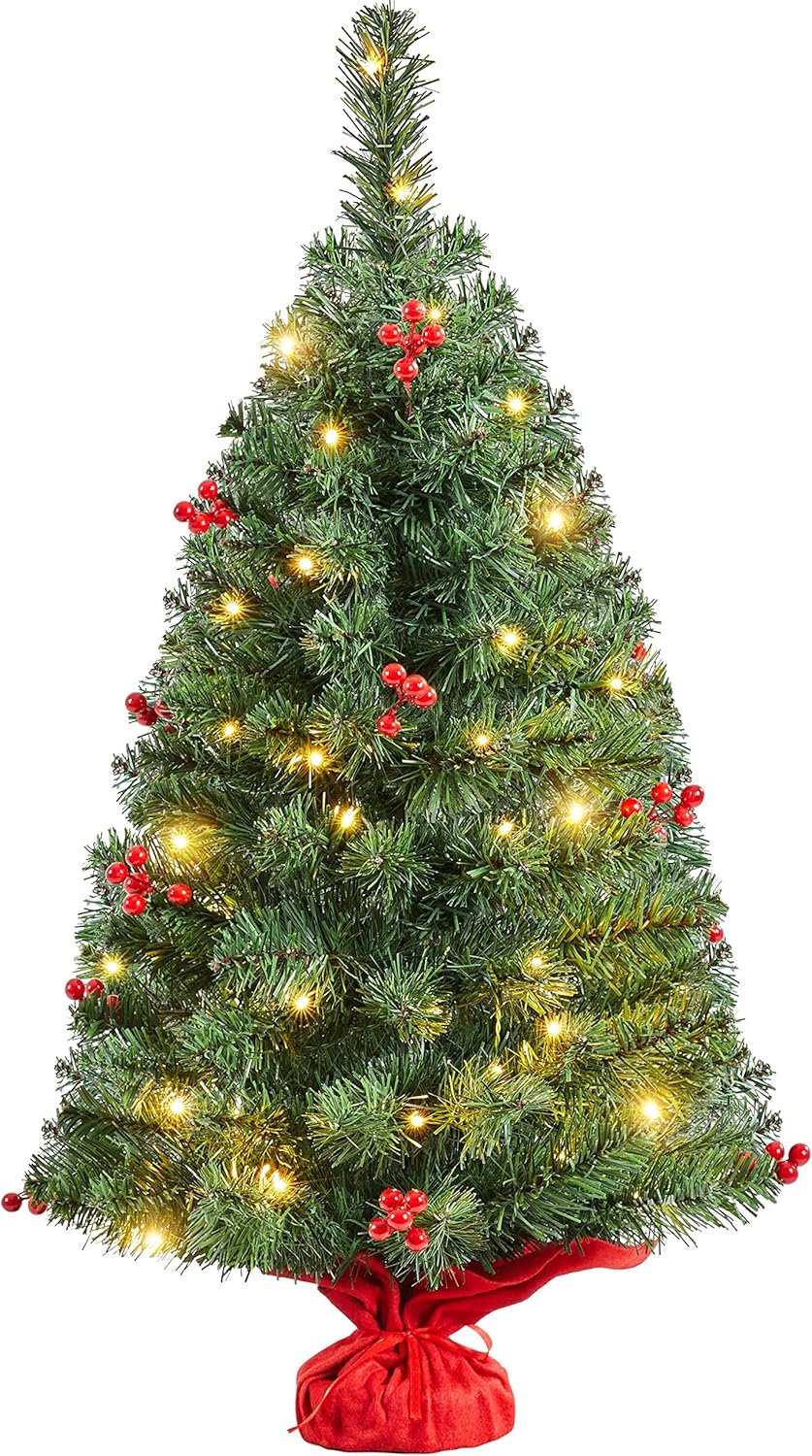 Yaheetech 90cm Mini Künstlicher Weihnachtsbaum mit 50 Warmweiss LED Beleuchtung & 60 Roten Beeren Kl