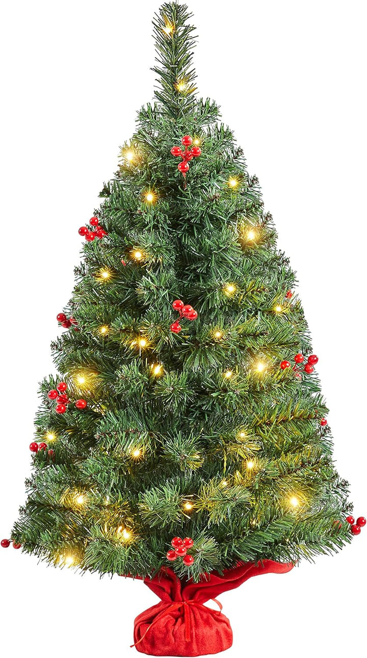 Yaheetech 90cm Mini Künstlicher Weihnachtsbaum mit 50 Warmweiss LED Beleuchtung & 60 Roten Beeren Kl
