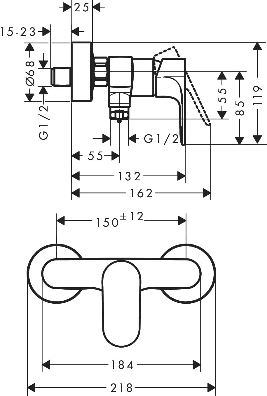 hansgrohe Duscharmatur Rebris S, Aufputz Brausebatterie für 1 Funktion, Chrom Chrom Dusche, Chrom Du