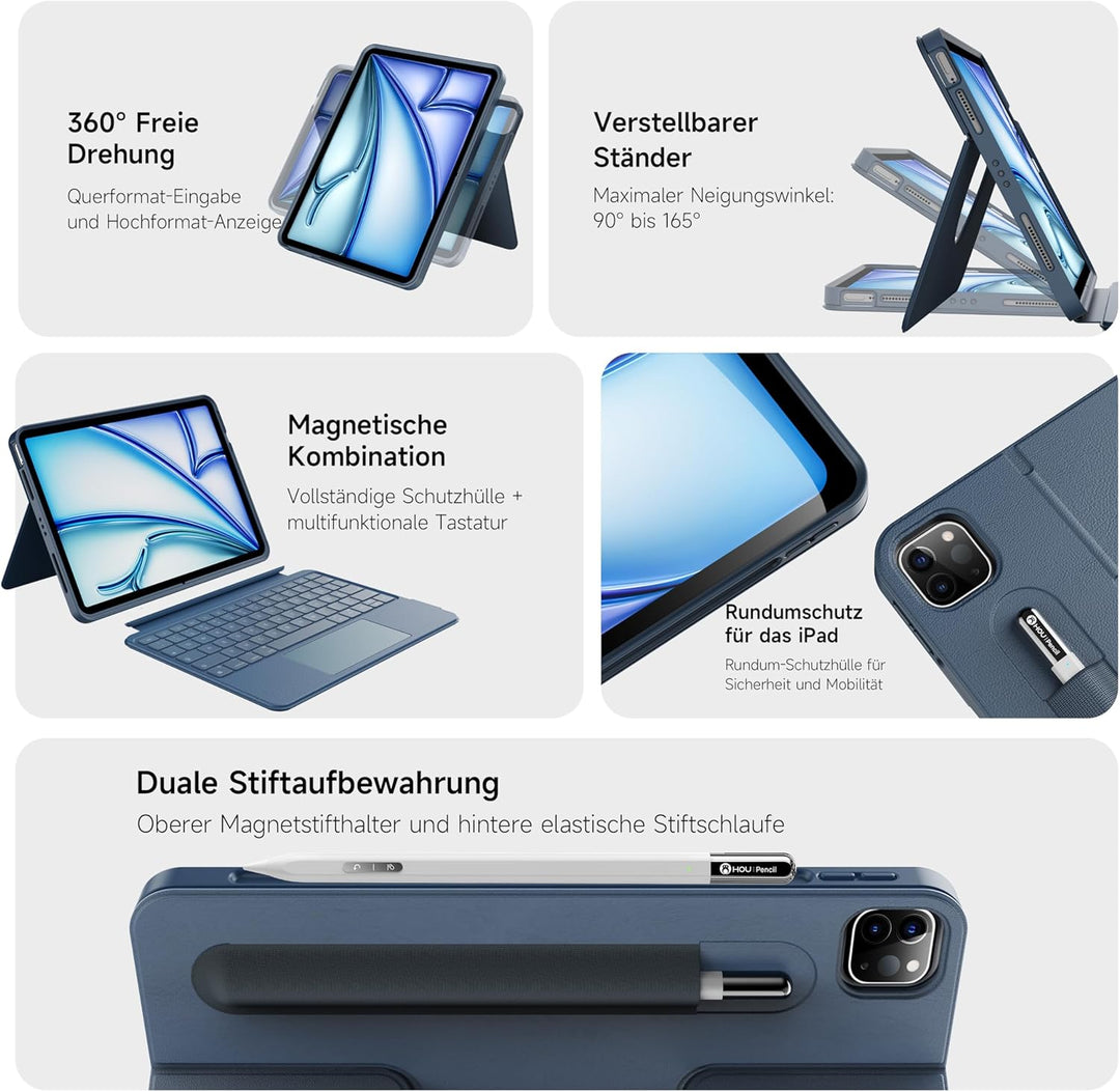 HOU 360° Drehbare Abnehmbare Hülle mit Tastatur für iPad Air 11" M4/M3/M2, Air 5/4. Gen & Pro 11" 4.