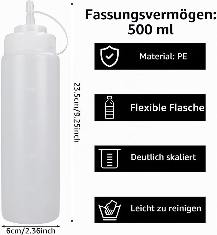 10 Stück Squeeze Flasche 500 ml/16 oz, Plastik Quetschflasche mit Kappen BPA Frei Saucenflasche für