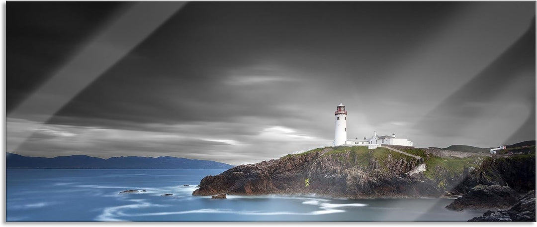 Glasbild Panorama | Wandbild aus Echtglas | Leuchtturm an traumhaft Meer | 100x40 cm | inkl. Aufhäng