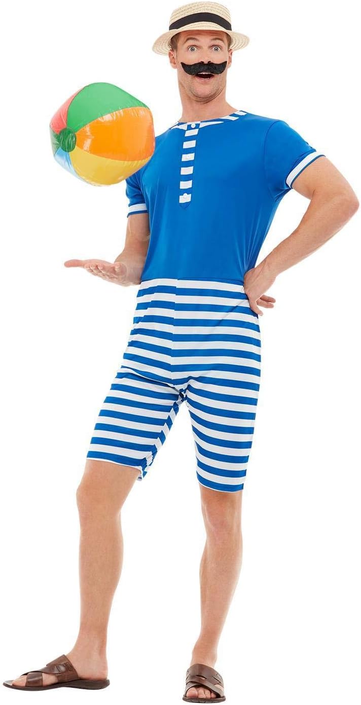 20s Bathing Suit Costume, Blue & White, with Short Jumpsuit, Hat & Moustache (M) 38-40 Blau, 38-40 B