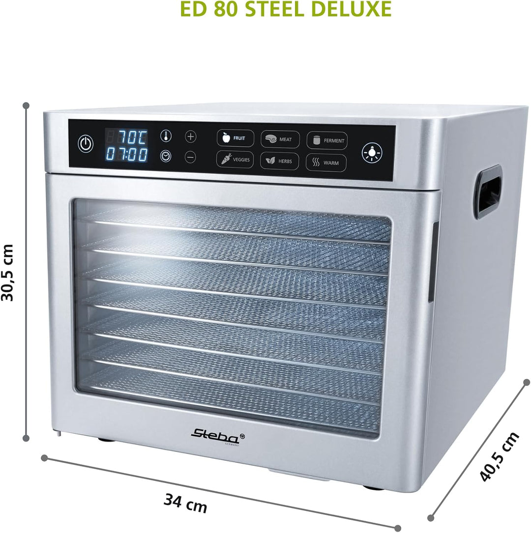 Steba ED 80 Steel Deluxe Dörrautomat | LED-Display | Langlebiger Motor | 8 Edelstahl-Gitter | Innenr