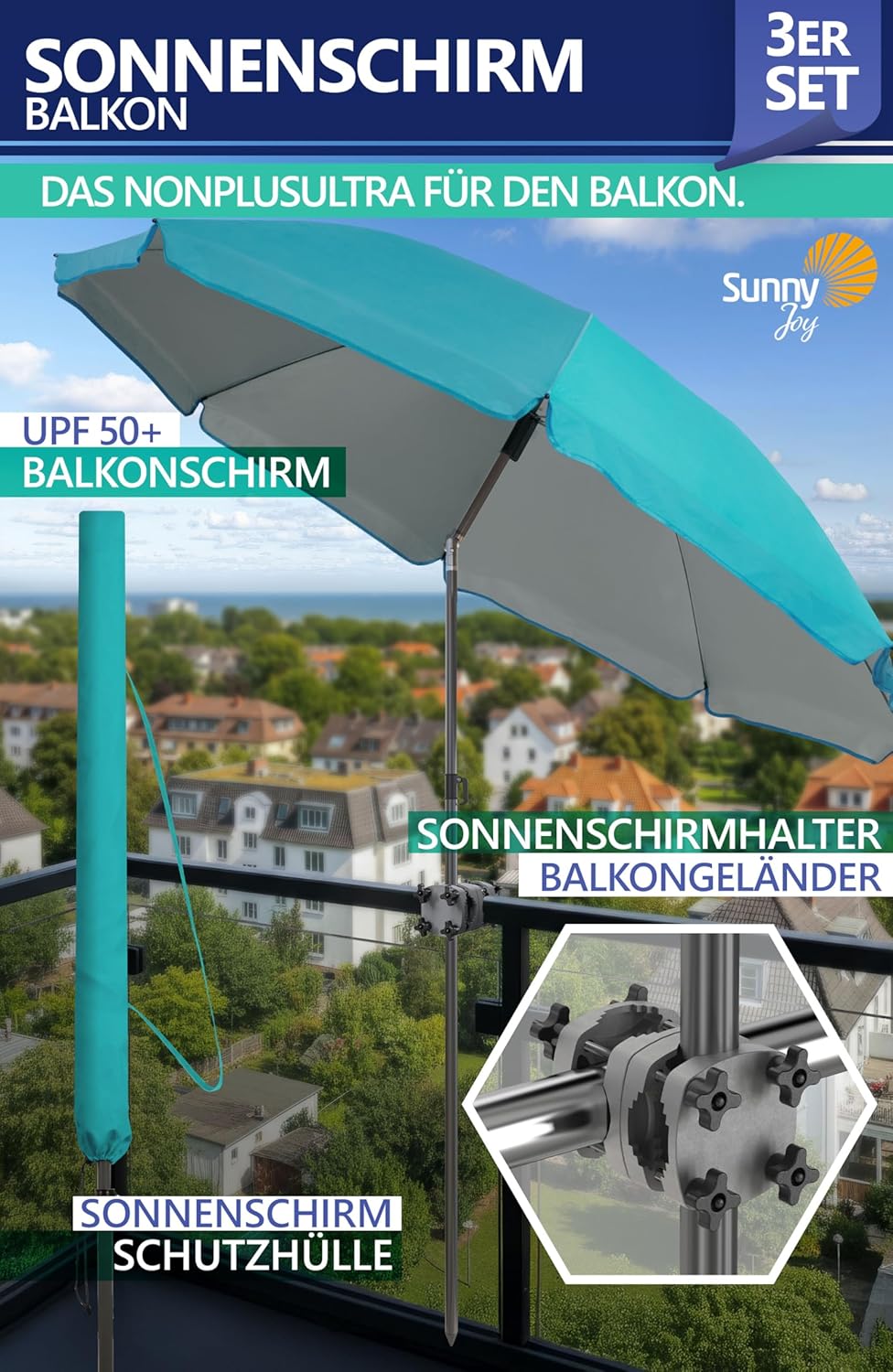4smile Sonnenschirm Balkon SunnyJoy, 3-in-1 SET, Türkis - UPF 50+ Sonnenschirm Ø 160 cm + SunnyGuy S