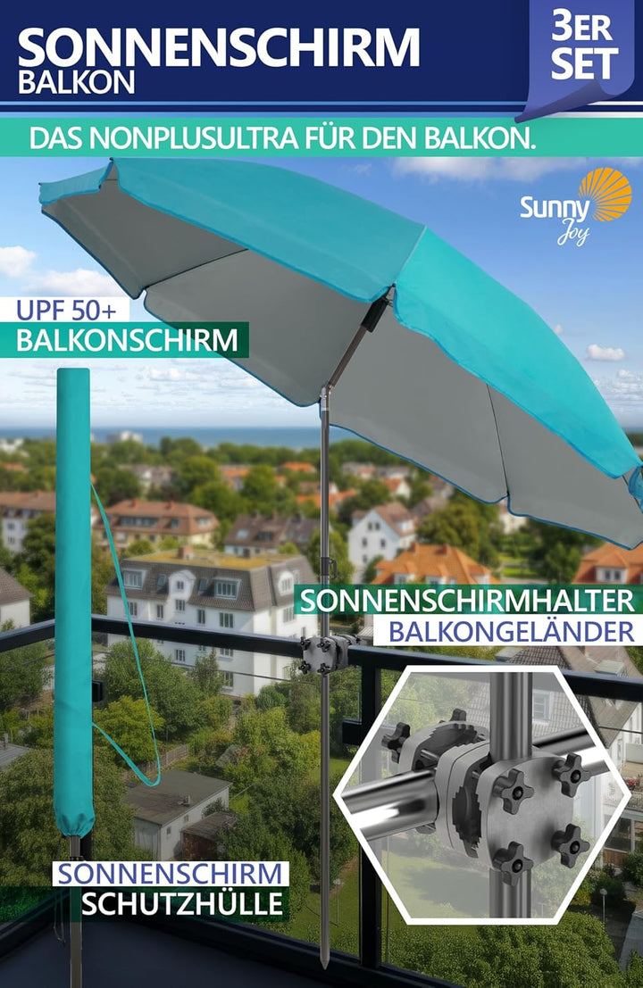 4smile Sonnenschirm Balkon SunnyJoy, 3-in-1 SET, Türkis - UPF 50+ Sonnenschirm Ø 160 cm + SunnyGuy S