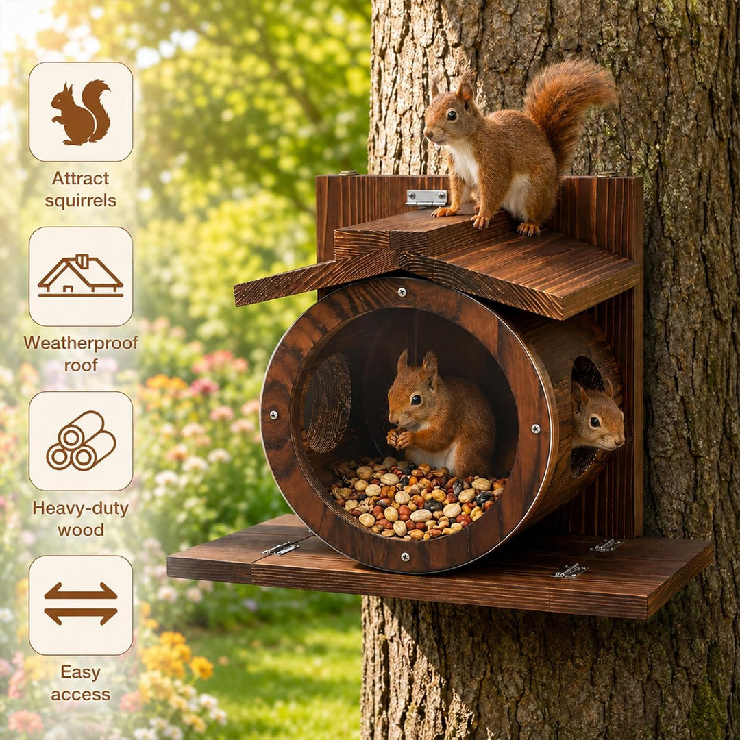 Eichhörnchen Futterstation aus Holz Wandmontage mit grossem Sichtfenster, 7 cm Einstiegsloch, stabil