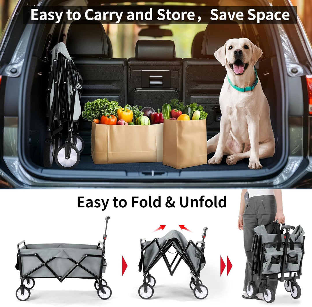 Bollerwagen Faltbar Handwagen All Terrain Räder, Gartenwagen mit Getränkehalter verstellbarem Griff,