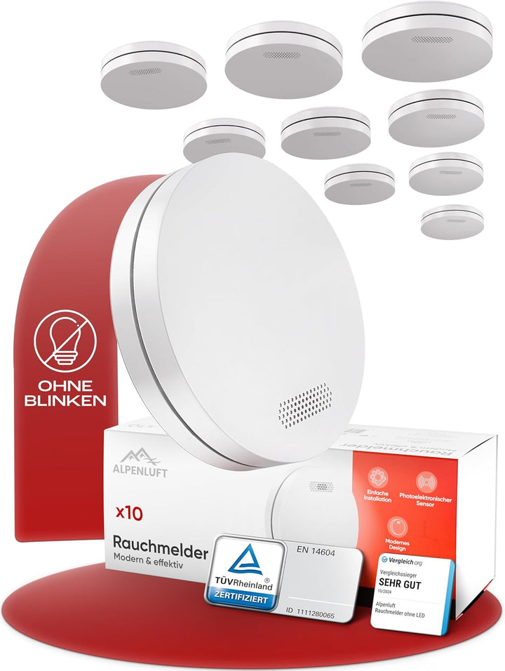ALPENLUFT Rauchmelder 10 Jahre Batterie, Feuermelder Flach, Rauchwarnmelder, Brandmelder, | Ohne Boh