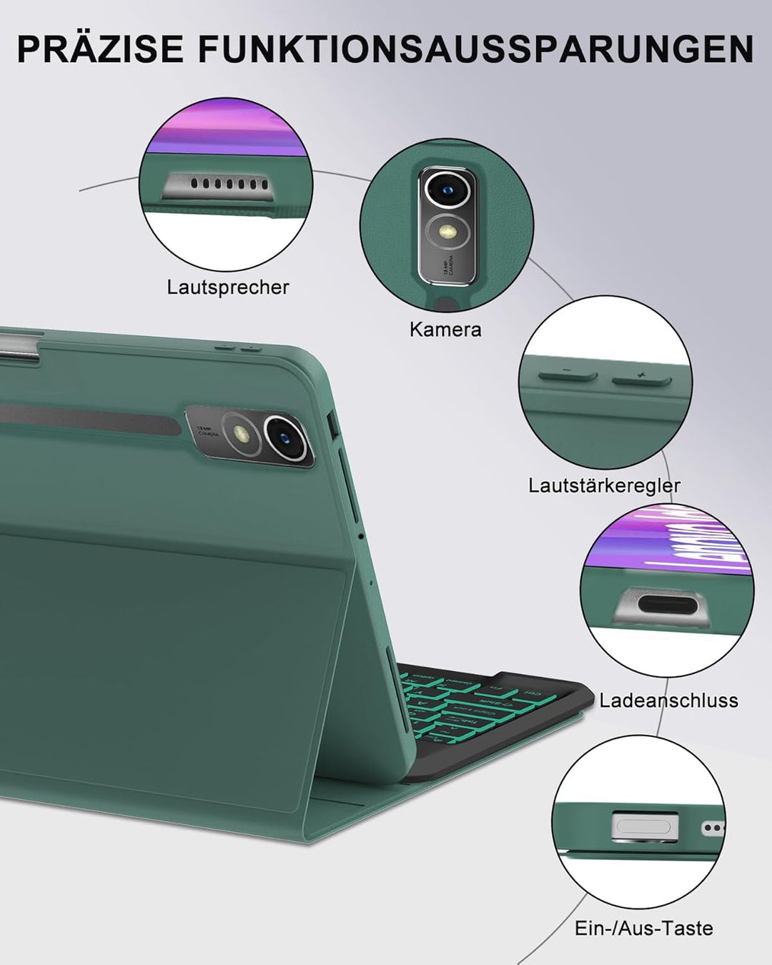 Hülle mit Tastatur & 7-Farben Beleuchteter für Lenovo Idea Tab Pro Tablet 12,7" (2025 TB373FU) & Mot