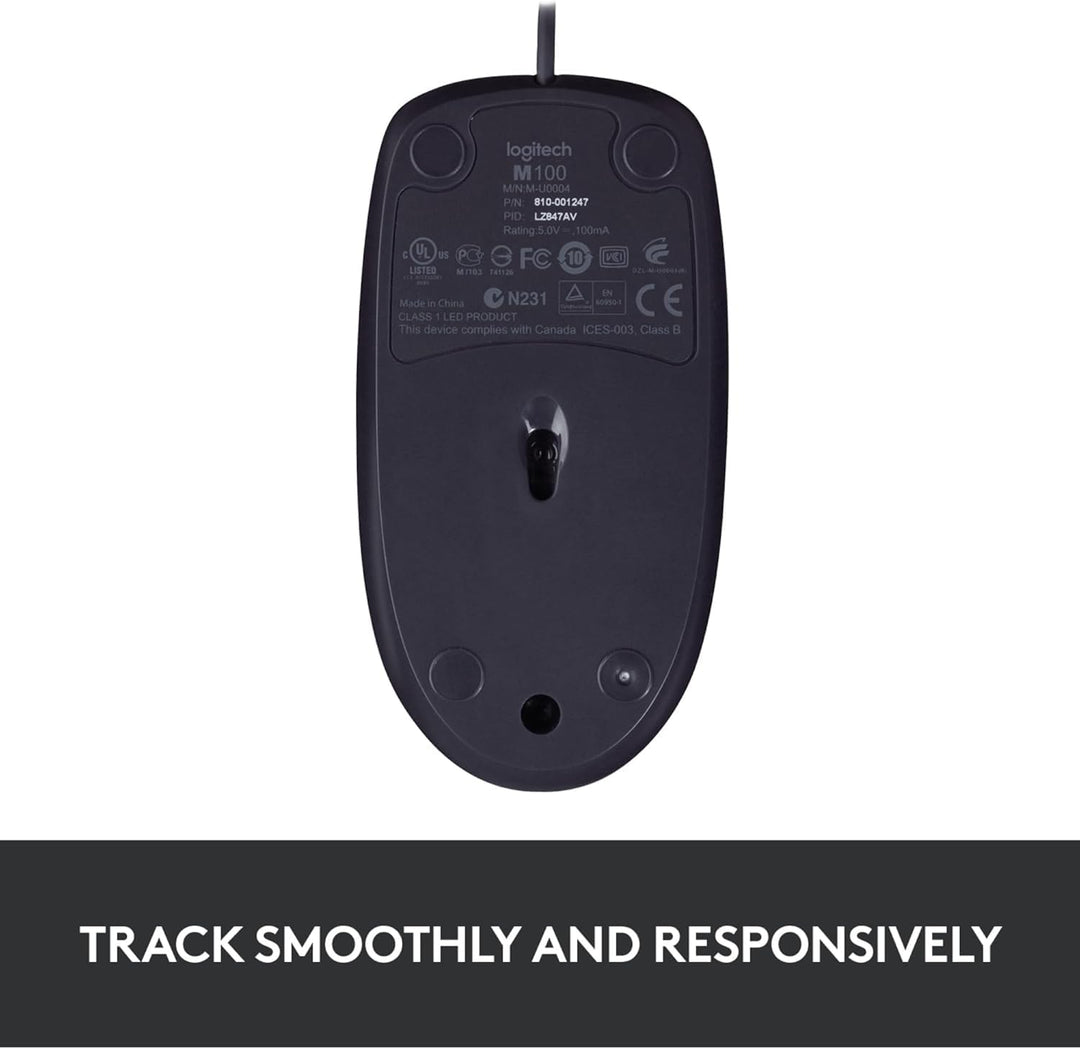 Logitech B100 Maus mit Kabel, USB-Anschluss, 800 DPI Optischer Sensor, 3 Tasten, Für Links- und Rech