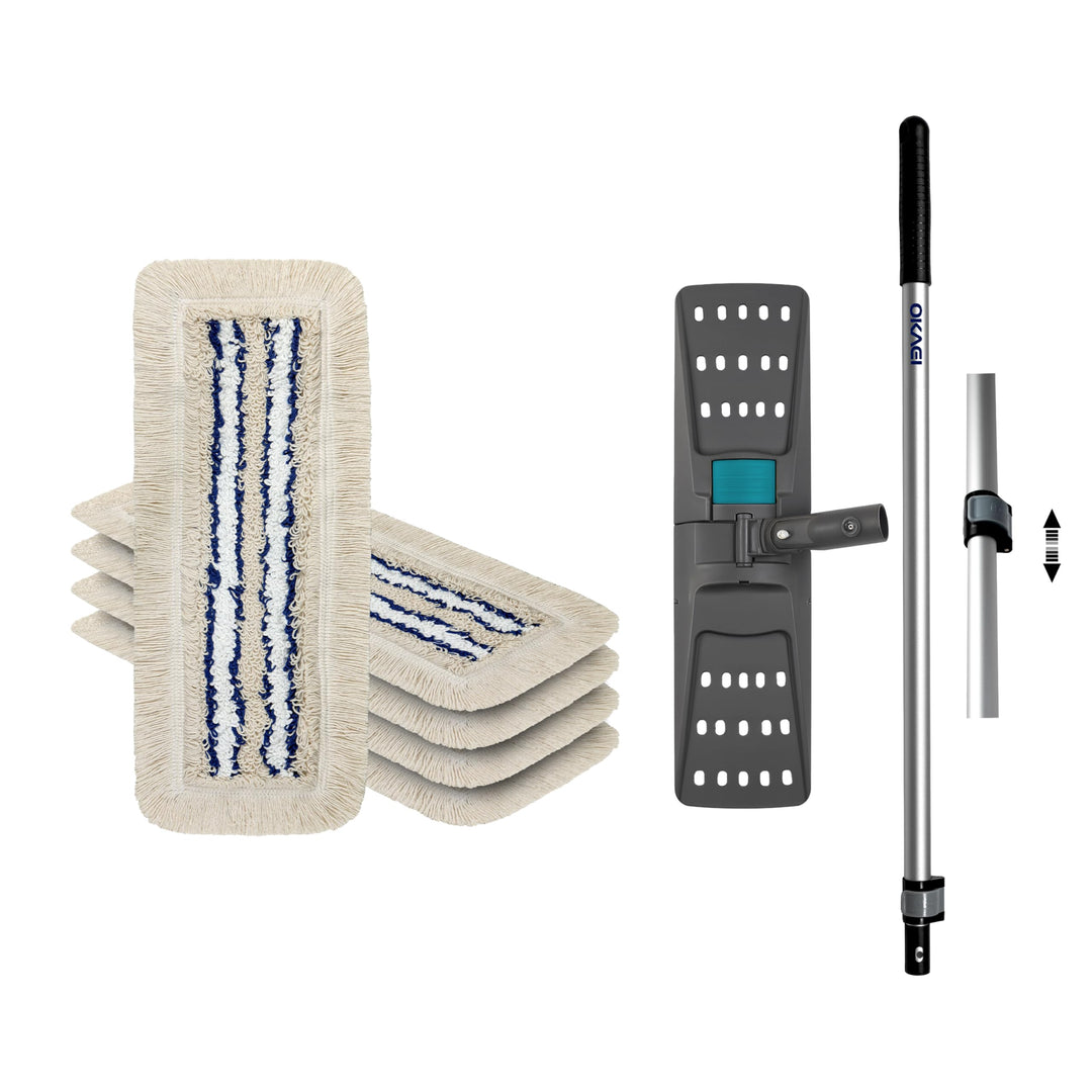 OKAEI Wischmop-Komplettset 40 cm – 5× Bezug Blau‑Weiss‑Beige + Klapphalter & Alu‑Teleskopstiel – Für