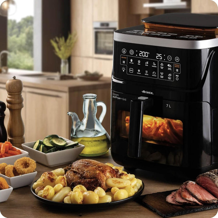 Ariete 4636 Luftfritteuse mit Dampffunktion + Grill, 1700W, Dörrfunktion, 10 Kochfunktionen, transpa