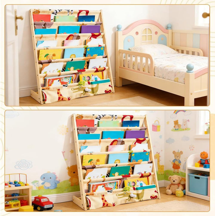 Bücherregal Kinder, Kinderregal mit 6 Oxford-Stoff Fächern, Kinderbücherregal Holzregal Regal mit Au
